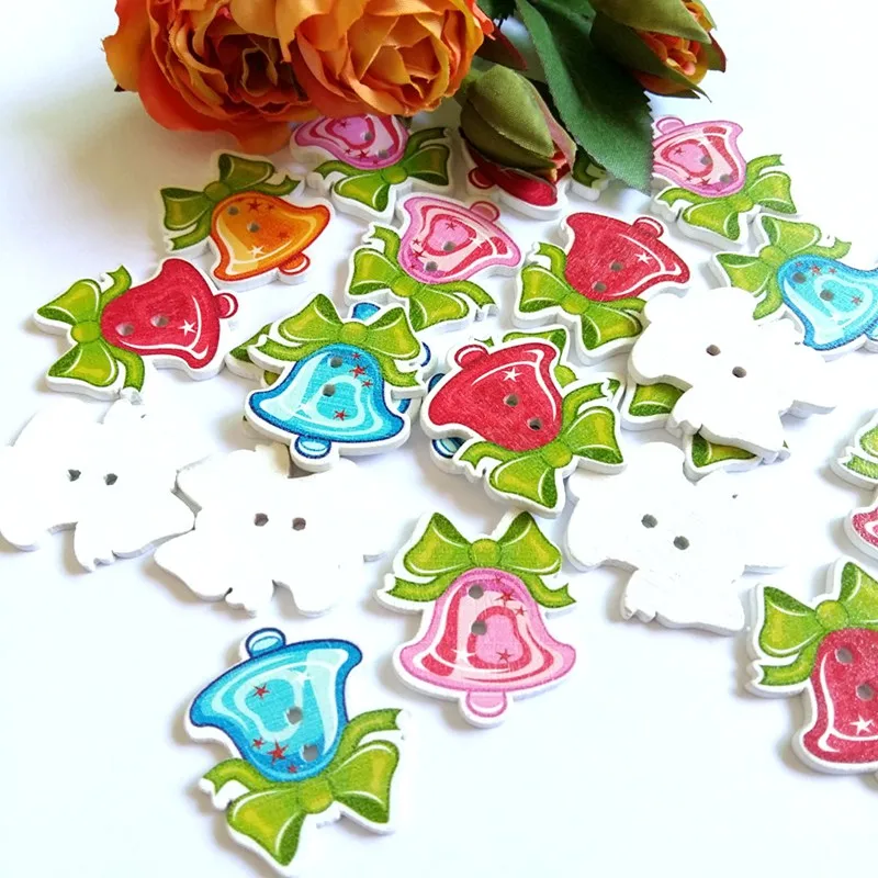 

50pcs Christmas bells buttons mixed pattern wooden decorative buttons for craft sewing scrapbook accessories