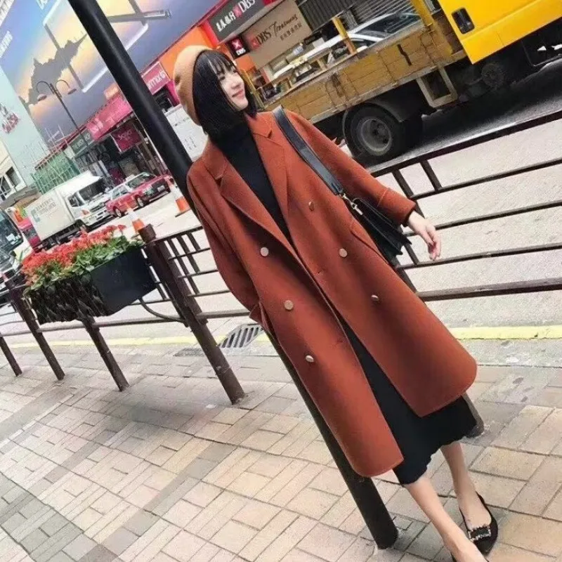 Elegant Beige Women Woolen Coat Autumn Winter Double-Faced Cashmere Outerwear OL Style Fashion Single Breasted Loose Overcoat | Женская