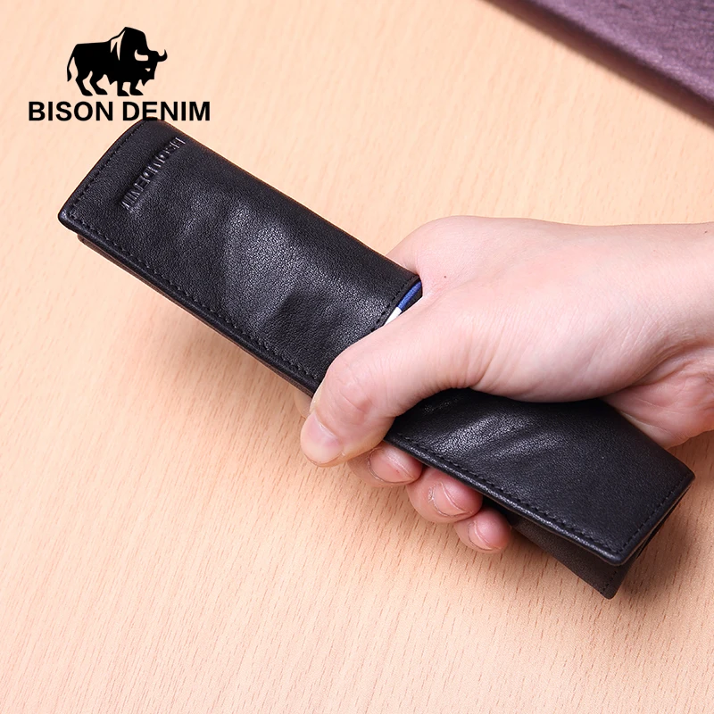 BISON DENIM luxury brand men wallets genuine leather long slim bifold wallet business male card holder purse