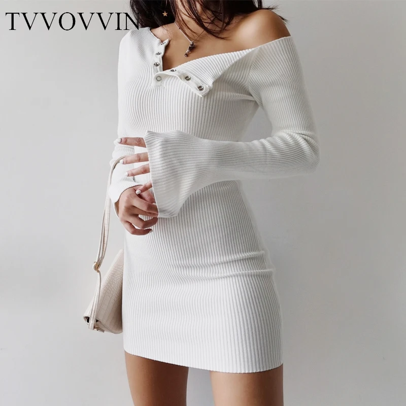 

TVVOVVIN Autumn Winter New Base Fold Sexy Strapless Women Button Front Knit Mini Dress Bodycon Dresses DZU3