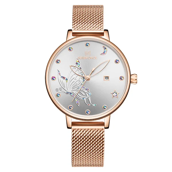 NF5011-RoseGoldWhite NAVIFORCE, новинка, женские часы, уникальная бабочка, нержавеющая сталь, сетчатый Браслет, кварцевые наручные часы для дам, девушек, модный подарок - Цвет: NF5011-RoseGoldWhite