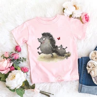 harajuku kawaii hedgehogs mother and baby print funny girl t shirt cute childrens clothing 2 to 13 years summer pink top tshirt
