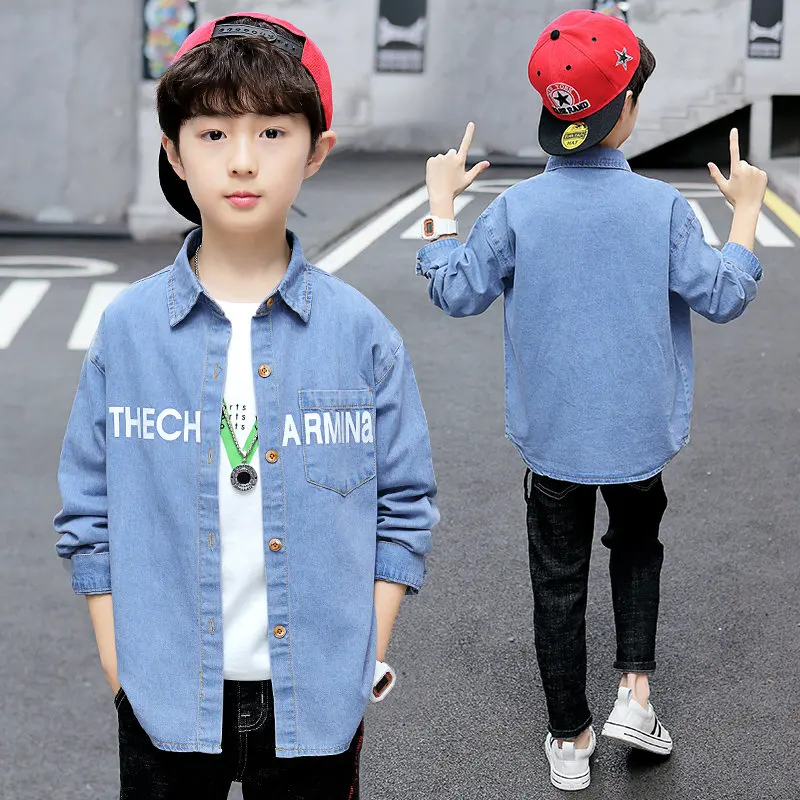 

Джинсовая рубашка для мальчиков, из 100% хлопка, детская модная школьная рубашка для мальчиков, Джинсовая блузка с длинным рукавом, куртка для...