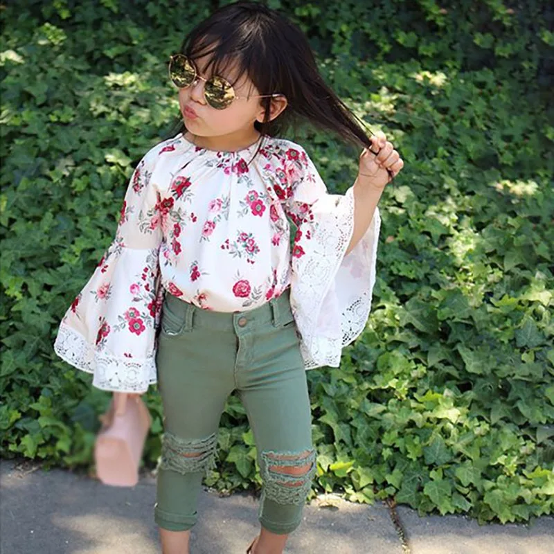 Футболка с расклешенным рукавом и цветочным принтом для девочек повседневный