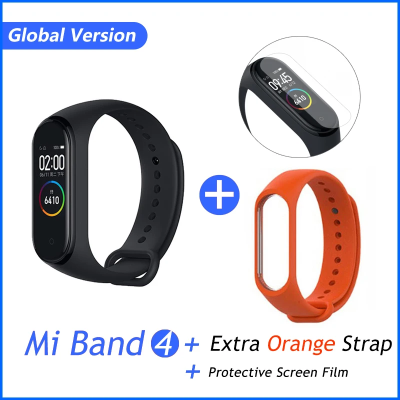 GB orange film Xiaomi Mi группа 3 4 глобальная Версия смарт-Браслет фитнес-браслет часы 3 большой сенсорный экран сообщение время сердечно - Цвет: GB orange film