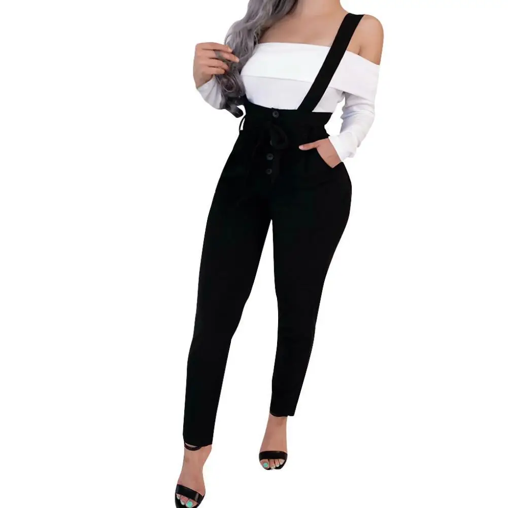 

Women Autumn Casual Solid Color Suspender Trousers Slim High Waist Lace up Pants