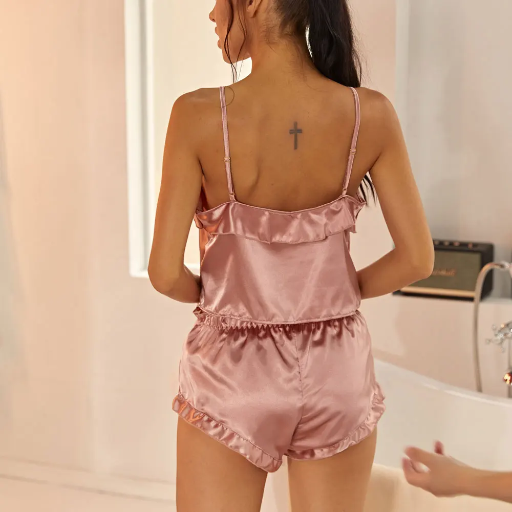 Атласный пижамный комплект контрастная кружевная одежда для сна с оборками