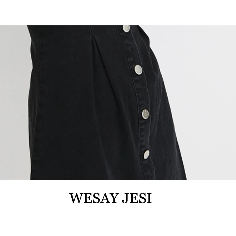 

WESAY JESI Denim Dress Summer Women Casual A-line Party Jean Dresses Eleagnt Square Collar Slim Dresses Hollow out Blue & Black