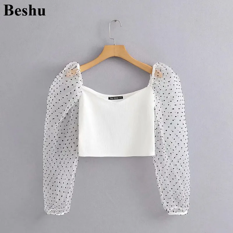 Za 2019 сетчатый топ с пышными рукавами Сексапильный узор в горошек Женские топы и