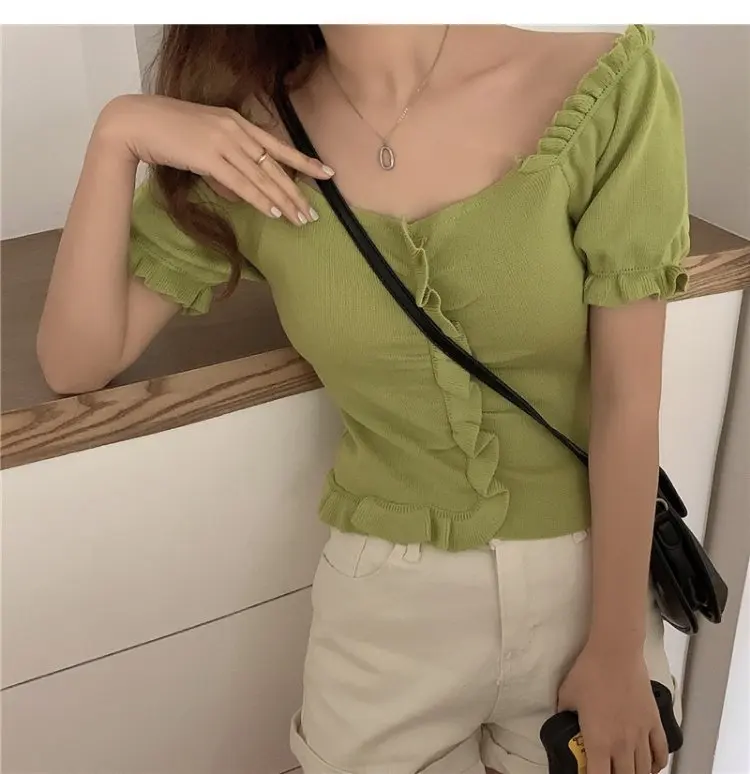 

Knit Short Sleeve Striped Shrug Short Loose Classic Casual Lightweight Ruffle Knit For Women Girls XRQ88
