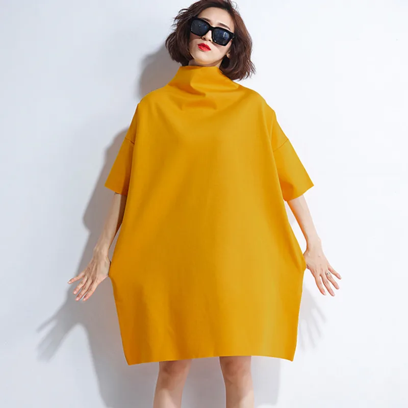 LANMREM желтое платье с высоким горлом и пятиточечным рукавом свободное женское