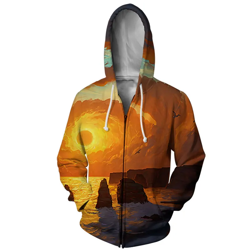 

JUMEAST Hoodie Man Zipper Fashion Street Wear 3D Printed Zipper Sunset Glow Hooded for Men Long-sleeved Hooded Sweatshirt S-7XL