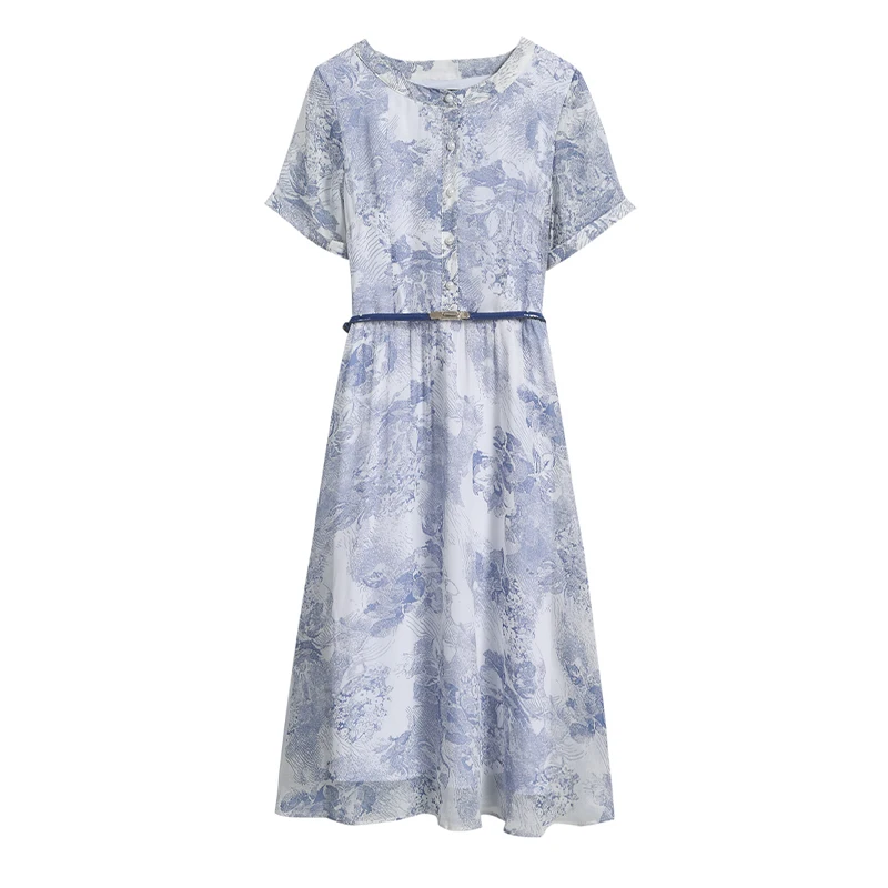 

Film printing chiffon dress female temperament of the new summer short-sleeved high-end show thin over-the-knee length skirt