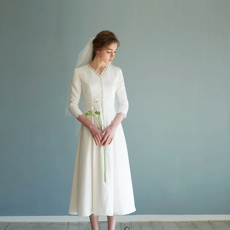 

Women's formal prom evening dress elegant plus size V neck sleeve soft satin white wedding party dress new year Ceremony Dress