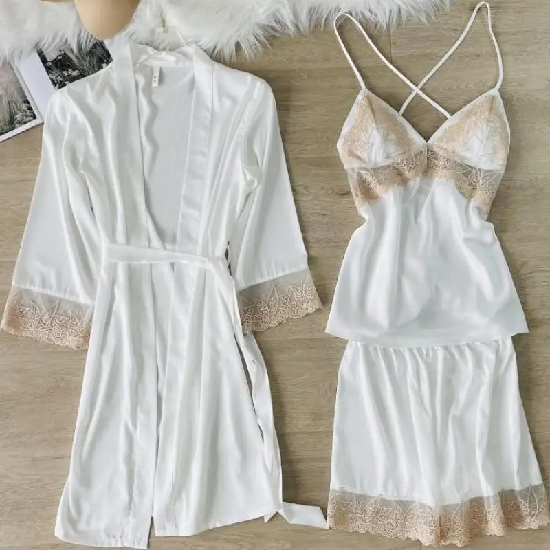 

Summer White 3PCS Sleepwear Women Satin Pajamas Set Lace Patchwork Sexy V-neck Pijamas Suit Full Slip Sleep Set Home Wear