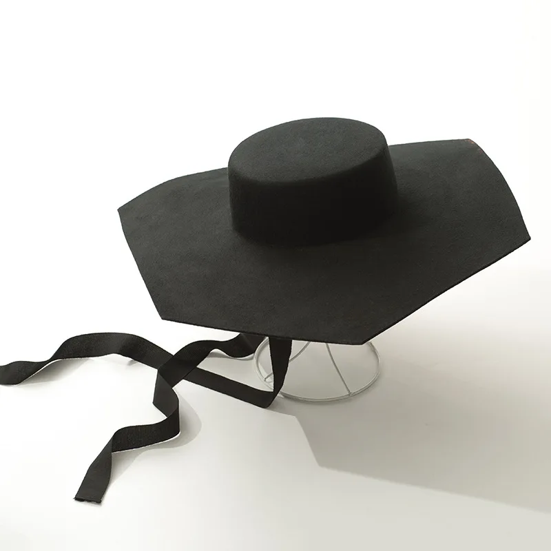 

2021 Fall 100% Wool Fashionable Flat Top Hexagone Wide Brim Black Hat