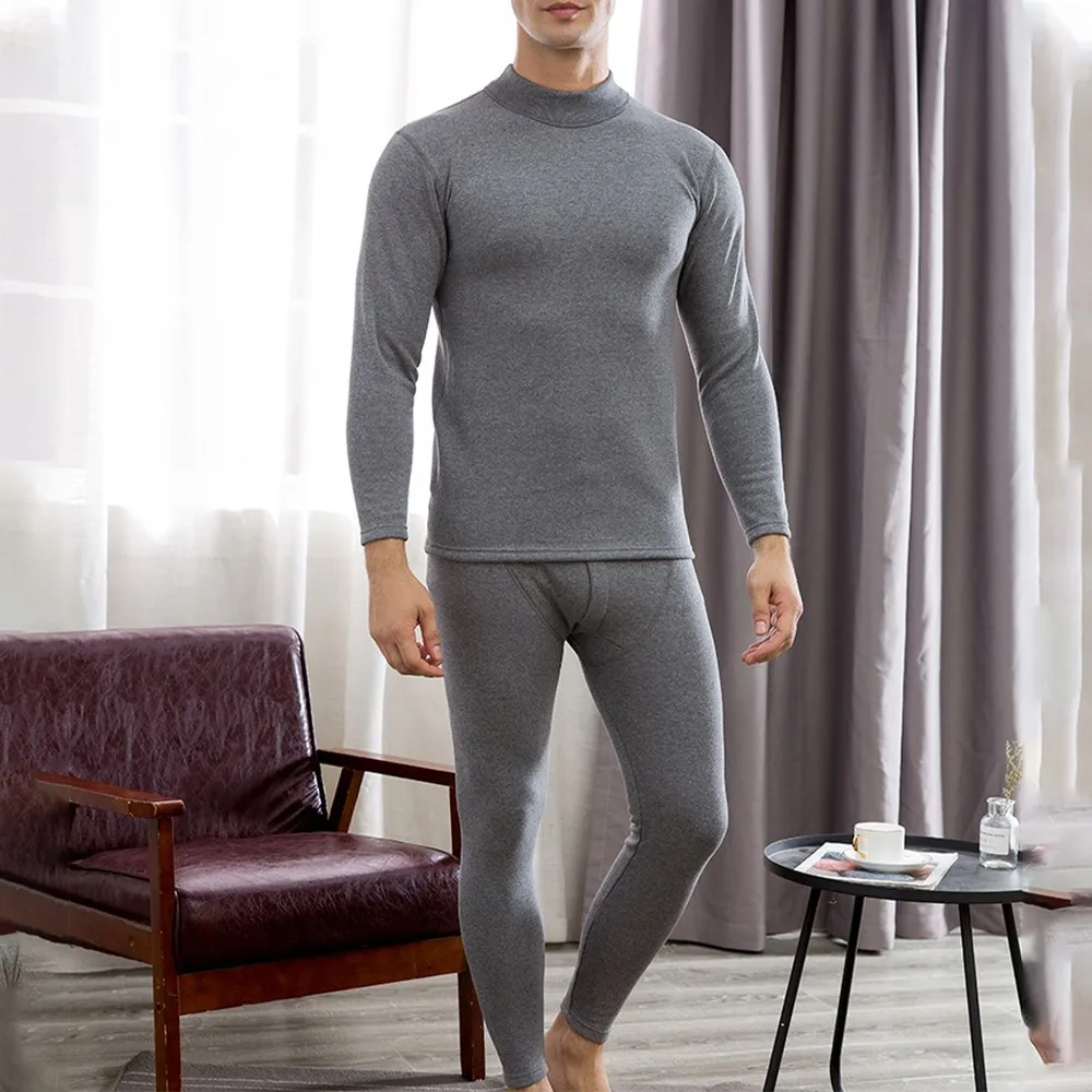 

2Pcs Men Thermal Underwear Plus Velvet Suit Pajamas Home Service Warm Base Shirt Winter Thermo Underwear Long John Suit A50