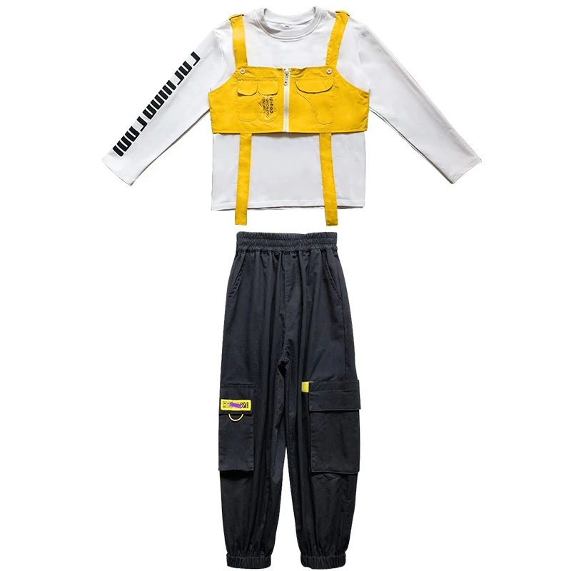 

Kids Hip Hop Clothing Boys Street Dance Stage Outfit Loose White Tops Overall Casual Pants Girl Jazz Drum Performance Wear L5314