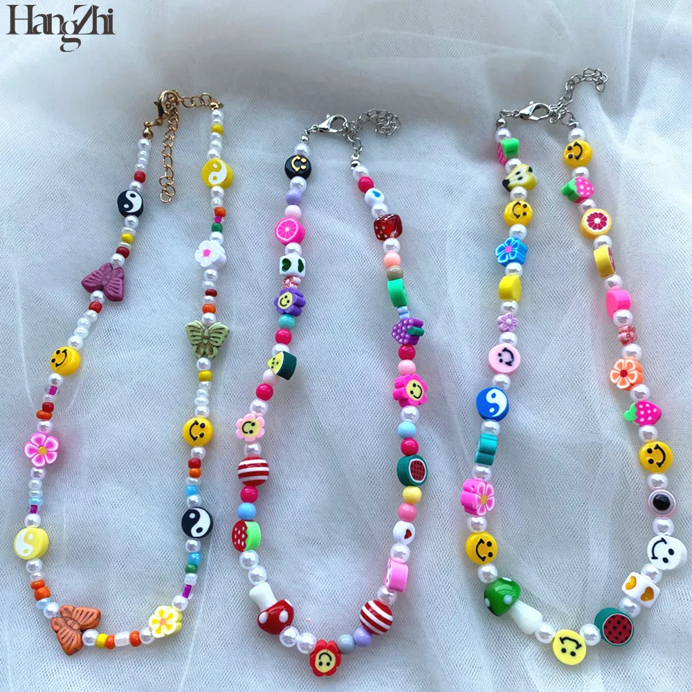 

HangZhi 2021 New Colorful Smiley Tai Chi Butterfly Mushroom Soft Pottery Clavicle Choker Pearls Necklace Chain for Women Jewelry