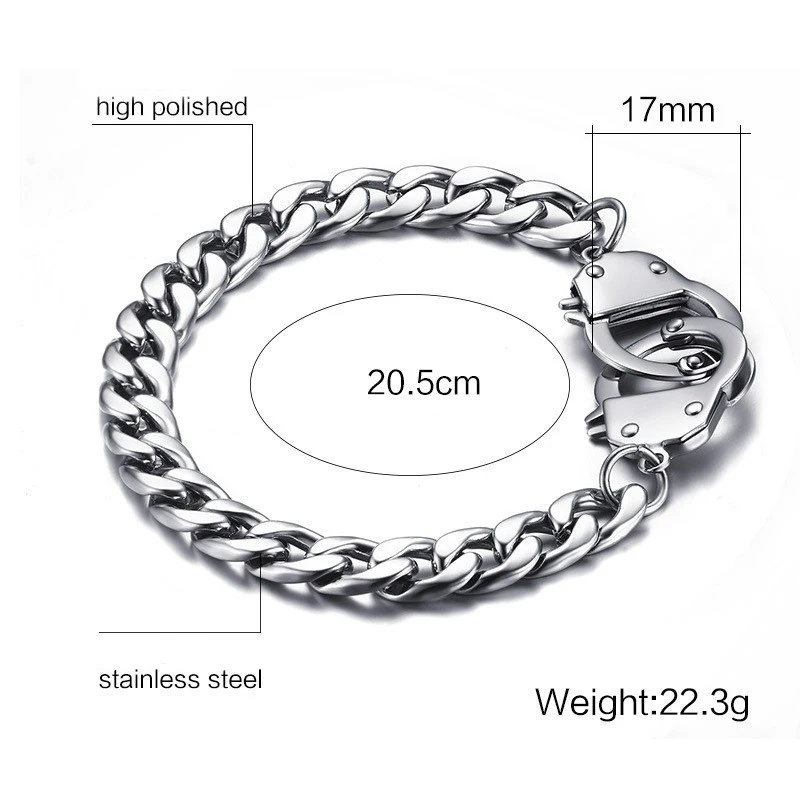 

No Fade Cool Men Handcuffs Bracelet Stainless Steel Link Chain Bracelets Jewelry Mens Charm Wrap Bracelet