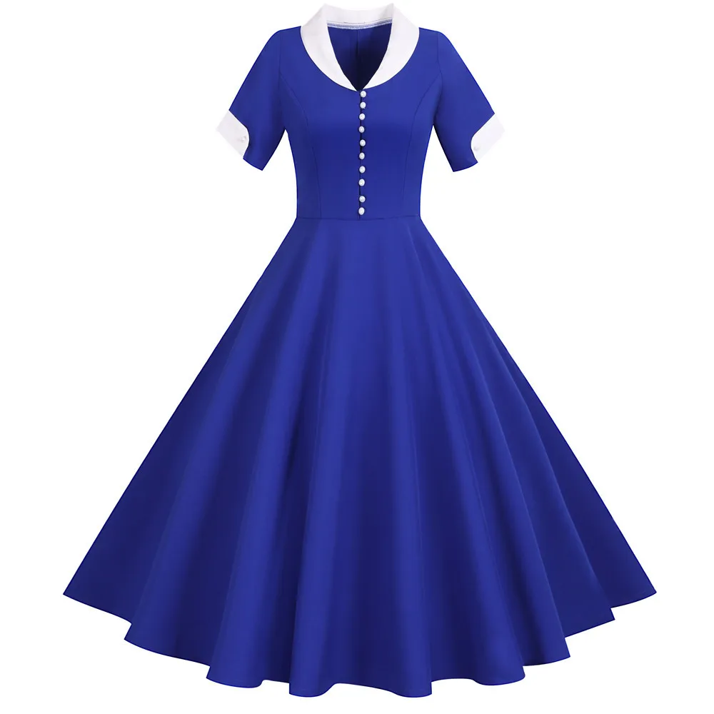 

2020 Spring Soild Plus Size Vintage Dress Turn Down Neck Button Short Sleeve Swing Party Robe Rockabilly 50s Retro Vestidos