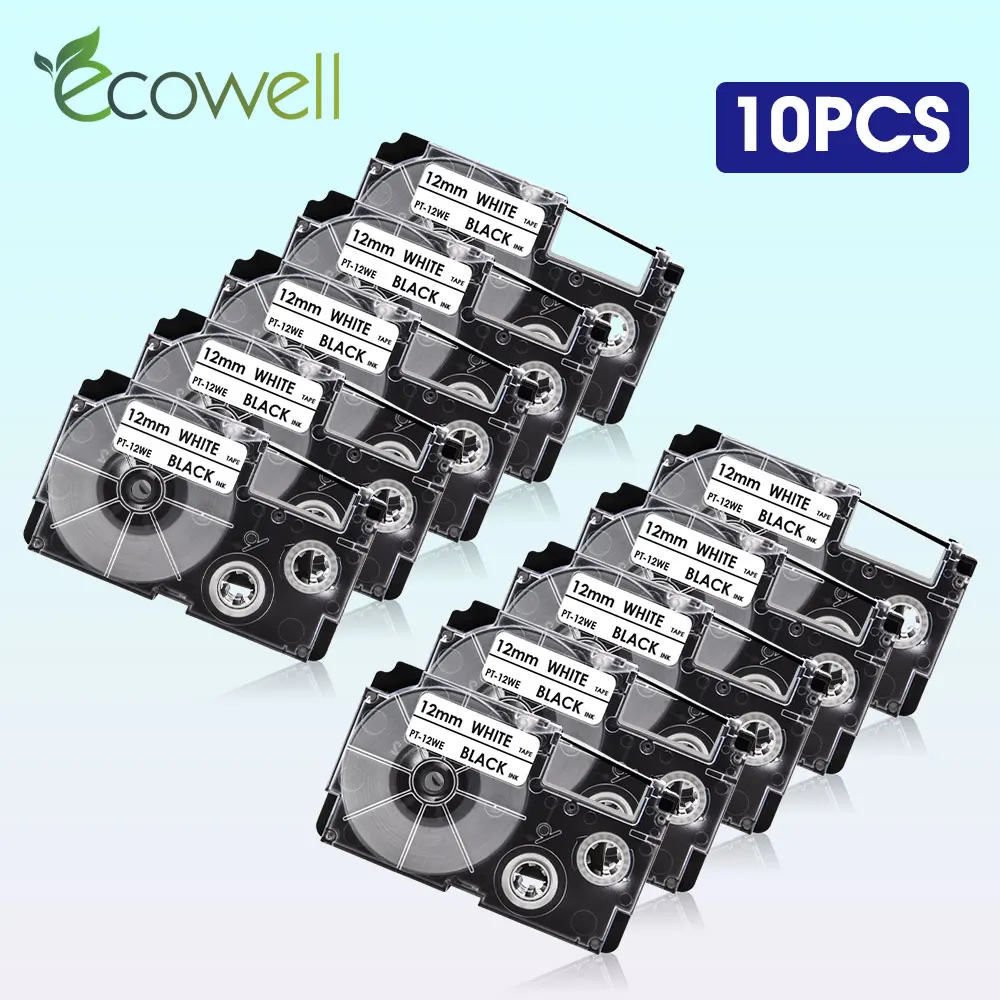 

Ecowell 10pcs 12mm XR12WE Selectable Color Label Tape Compatible for CASIO XR-12WE Black on White for KL-60 KL-60SR Label Makers
