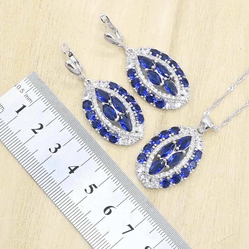 Темно-Синий Циркон Серебряный набор украшений для женщин браслет серьги