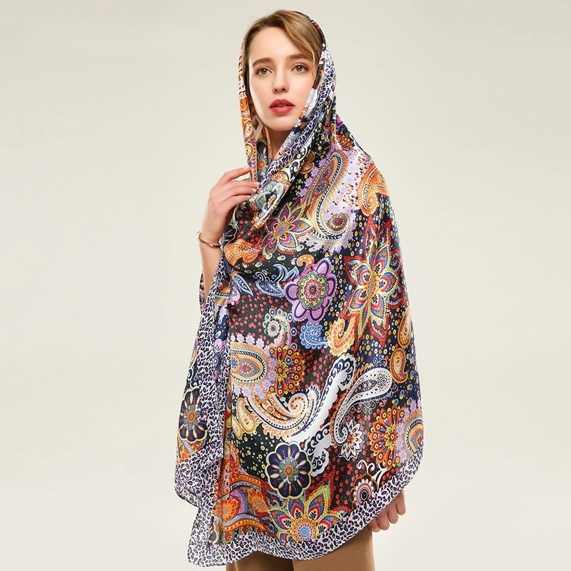 

Winter Scarves Woman Cashew Floral Silk Satin Bandana National Wind Hijab Tippet Headband Warm Printed Scarf Sunshade Shawl