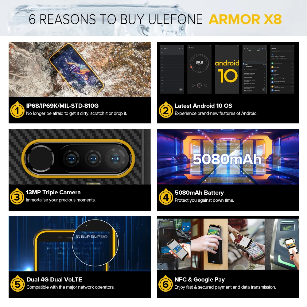 Защищенный смартфон Ulefone Armor X8 Android 10 5080 мАч 5 7 дюйма 4 Гб 64 ГБ ip68 восемь ядер NFC