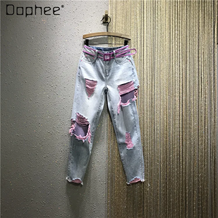 

2021 Spring and Summer New Color Ripped Thin Jeans Women Casual Straight-Leg Burr Cropped Trousers High Waist