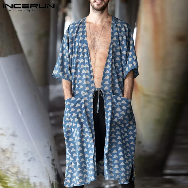 

INCERUN 2021 Men Printing Shirt V Neck Short Sleeve Casual Long Tops Streetwear Pockets Lace Up Cardigan Leisure Camisas S-5XL