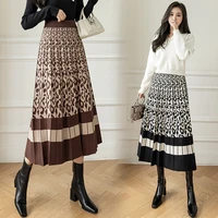 autumn women knitted leopard print skirts high waist pleated casual winter skirt loose fashion for office lady work wear