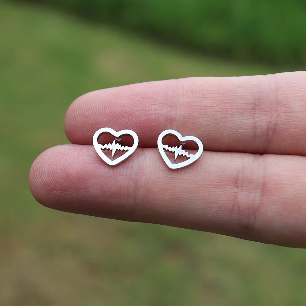

10pairs ECG Earrings Women Statement Jewelry Heartbeat Stud Earrings Stainless Steel Bijoux Femme Heart Brinco Masculino