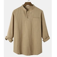 autumn mens leisure v neck cotton linen loose t shirt male long sleeve base shirt khaki brown