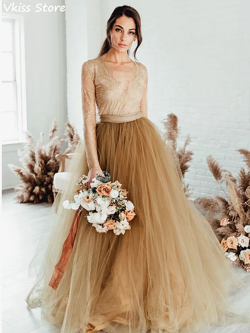 

Классическое Тюлевое платье-трапеция цвета шампань, кружевное вечернее платье с V-образным вырезом и длинными рукавами, в пол, иллюзионное вечернее свадебное платье с аппликацией