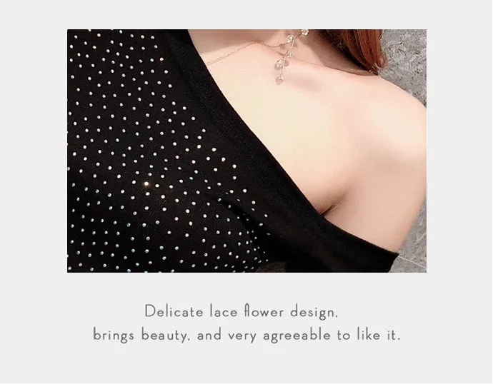 

Summer European Clothes Cotton T-Shirt Fashion Solid Sexy Skew Collar Shiny Diamonds Women Tops Half Sleeve Tees 2021 T15227A