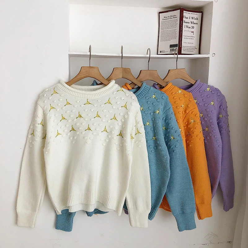 

Autumn Winter New Chic O Neck Long Sleeve Women Sweaters Korean Flower Sweet Flower Embroidery Sueter Mujer Female Pullovers