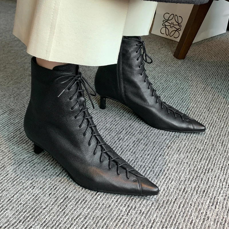 Online Ukuran 34-40 Fashion Zipper Sepatu Wanita Hak Tinggi Kulit Asli Renda Boot Sepatu Wanita Fashion Pergelangan Kaki Sepatu Wanita Sepatu