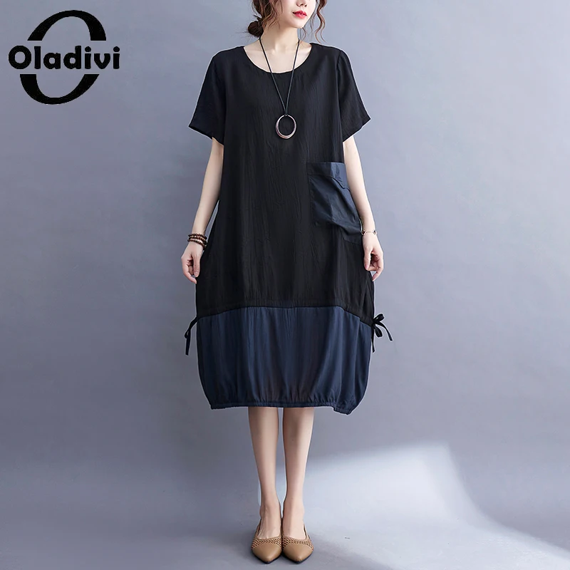 

Oladivi Одежда большого размера повседневное свободное платье из искусственного шелка 2021 Летние Новые лоскутные миди-Платья С Карманами Плать...