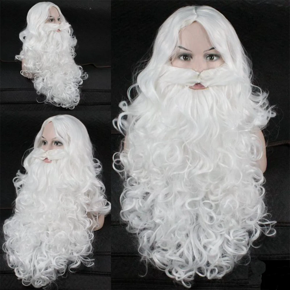 Santa Claus Cosplay Beard Wig White Long Wavy Curly Hair Christmas Day Gift Heat-resistant Synthetic Fiber Christmas Costume Wig