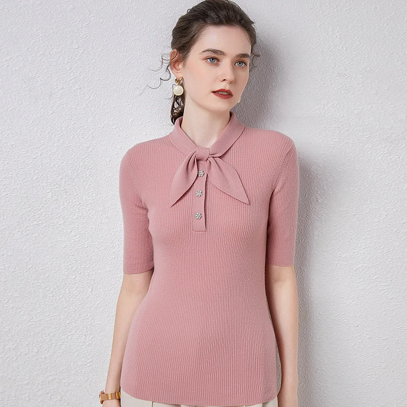 

Women High Elasticity PulloverBow-Knot Collar Worsted Cashmere Sweater Shirt Female All-Match Basic Short Sleeve 4Colors Jumpe