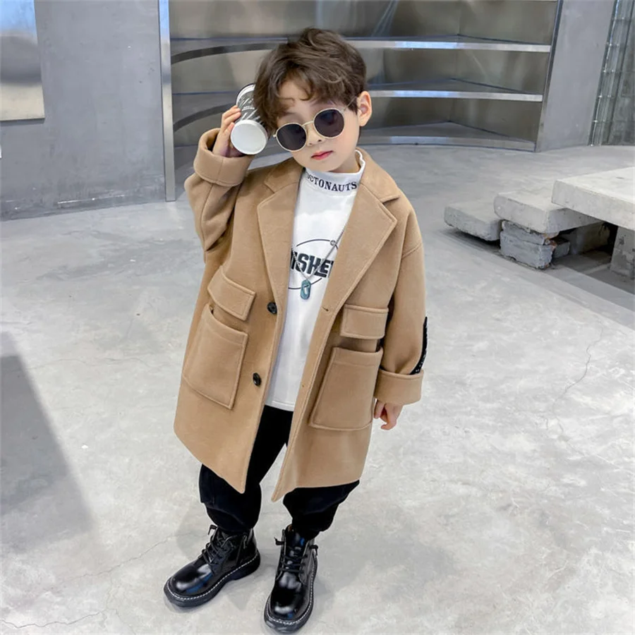 

Boys Woolen Coat 2022 Spring Autumn New Fashion Solid Turn Collar Outwear 5-15T Children Overcoat High Quality