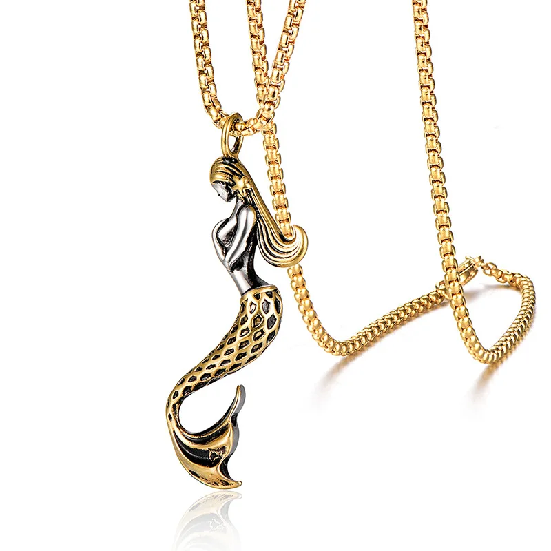 

Wukaka Beautiful Mermaid Necklace Stainless Steel Chain Punk Boy Pendants Necklaces for Gifts Hip Hop Man Jewelry