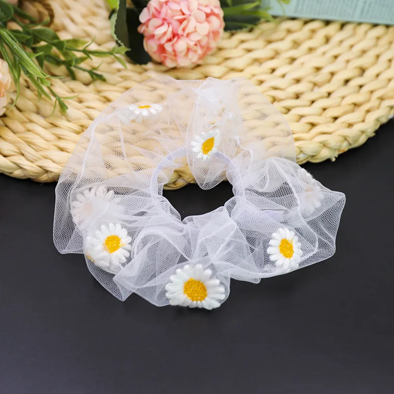 

Women Pure Color Mesh Ponytail Holder Hair Rope Portable Fresh Elastic Hair Band Embroidered Daisy Accessories Headwear