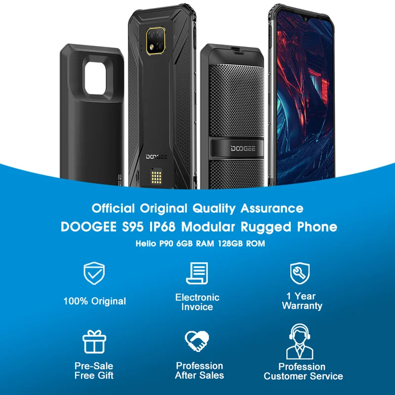 

DOOGEE S95 Rugged SmartPhone 6.3'' 6GB RAM 128GB ROM IP68/IP69K 5150mAh Helio P90 Octa Core Android 9.0 Pie 48MP Mobile Phone