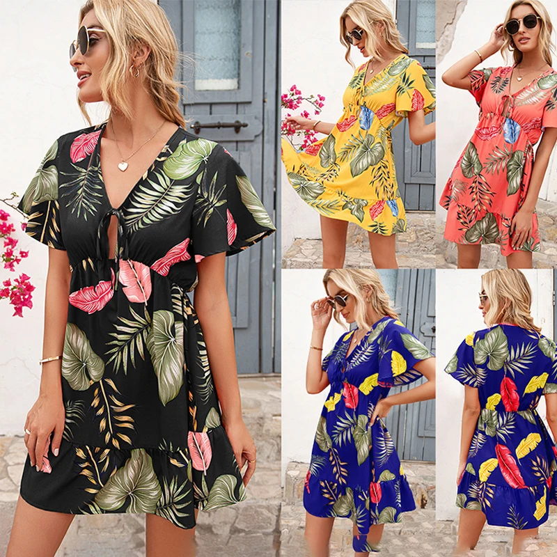 

Women's Dress 2021 Floral Print Chiffon Short Sleeve Sexy V-Neck Loose Summer Beach Bohemian Summer Sling Mid-Length Skirt y2k