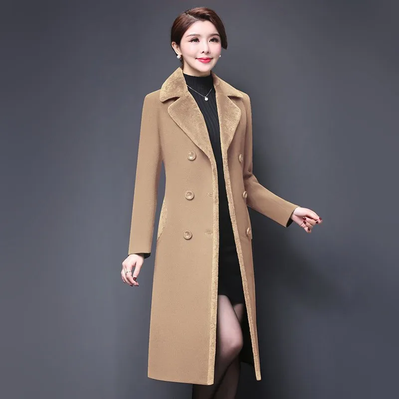 

M-5XL New Women Wool Blends Coat Winter 2020 Fashion Mother Thicken Cashmere Collar Long Jacket Warm Slim Tops Outerwear Female
