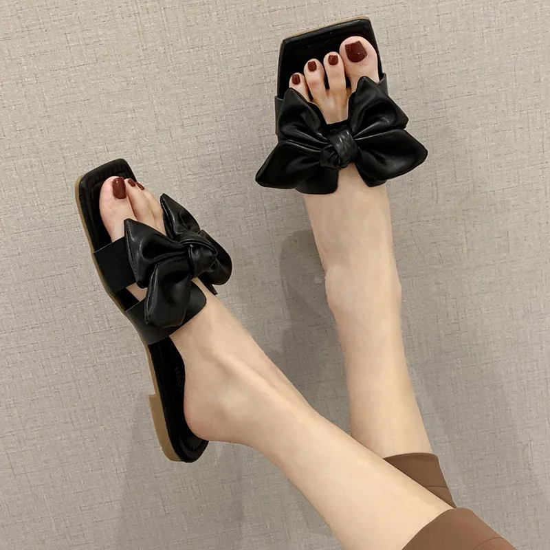 

Female Shoes Summer Clogs Woman Ladies' Slippers Butterfly-Knot Luxury Slides 2021 Beach Flat Girl Soft Designer PU Rubber Butte