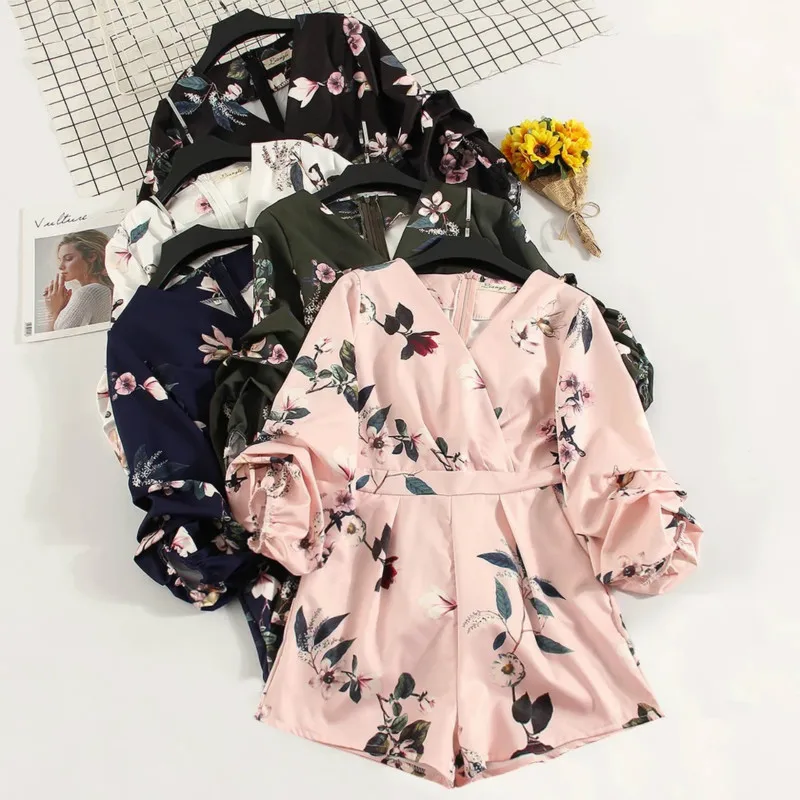 Женский винтажный комбинезон с рукавами фонариками широкими штанинами и v