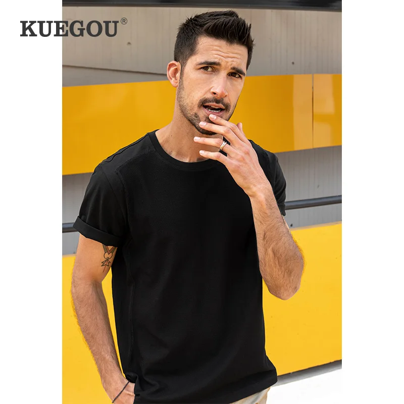 

KUEGOU однотонные Цвет смешанный хлопок мужские рубашки с коротким рукавом модный пэчворк футболка с длинным рукавом Лето Высокое качество То...